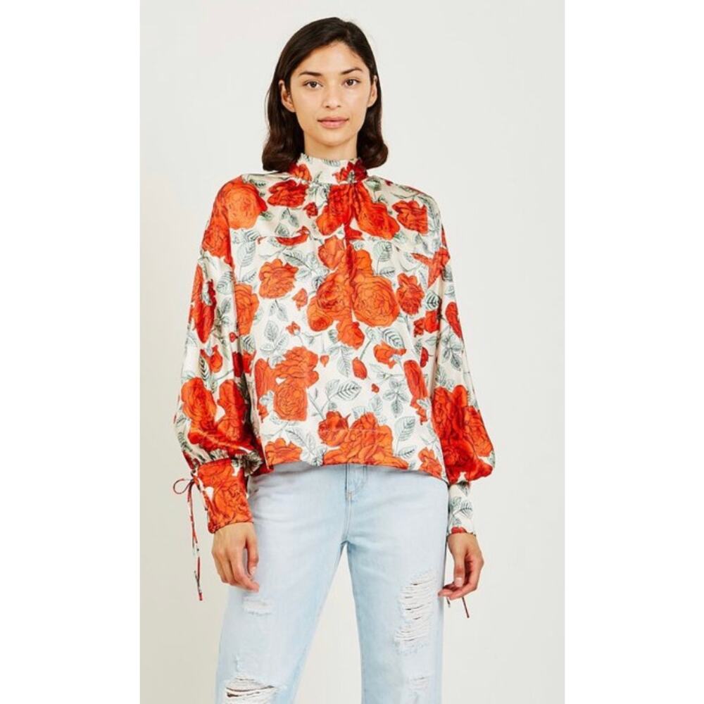 GANNI Floral Oversized Tie Neck Rose Silk Tie Sleeve Blouse Top XXS XS